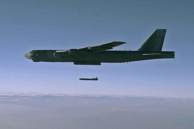 A US Air Force B-52H Stratofortress testing over the Utah Training Range during a Nuclear Weapons System Evaluation.